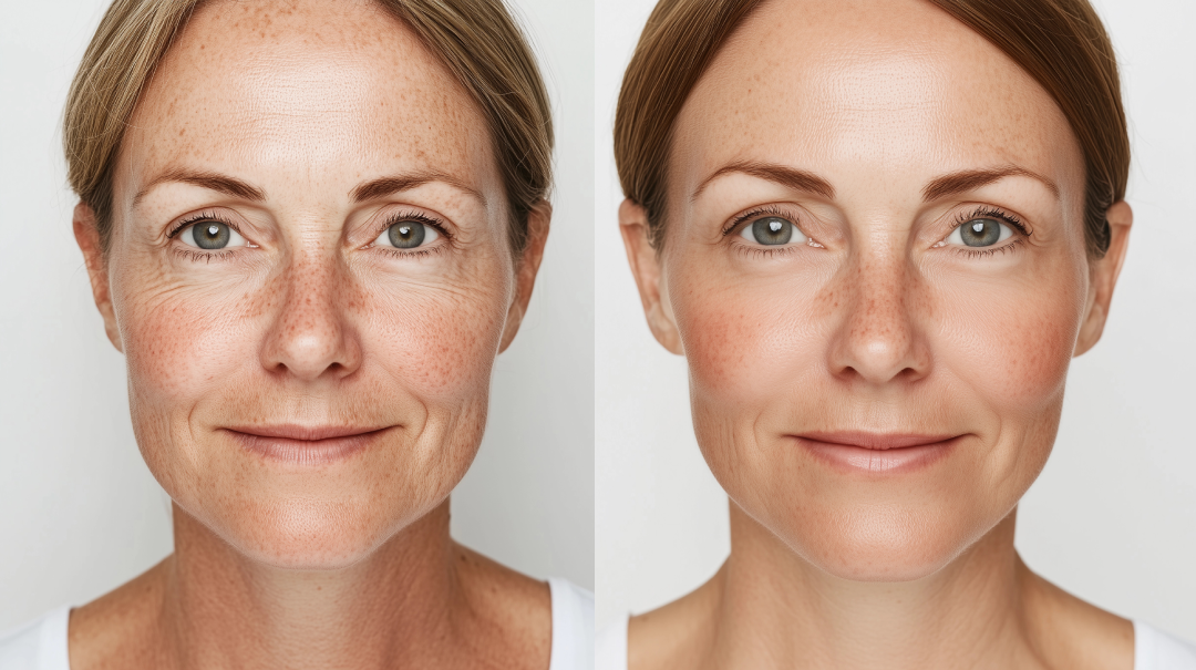 A before-and-after comparison of anti-aging treatment effects on a woman's face.