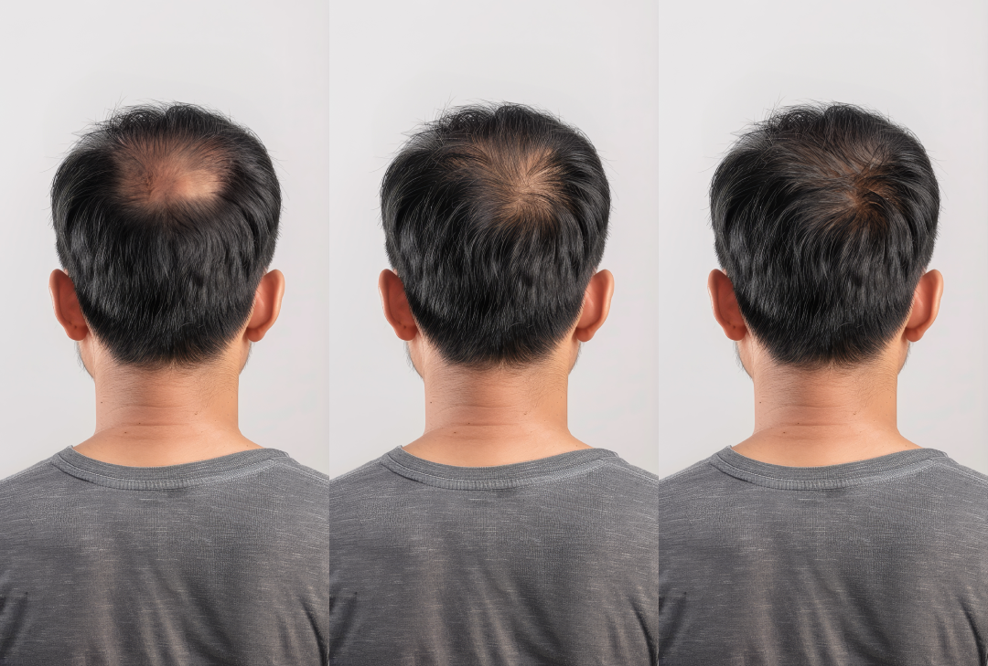 A man showing progressive hair regrowth in a before-and-after hair restoration comparison.