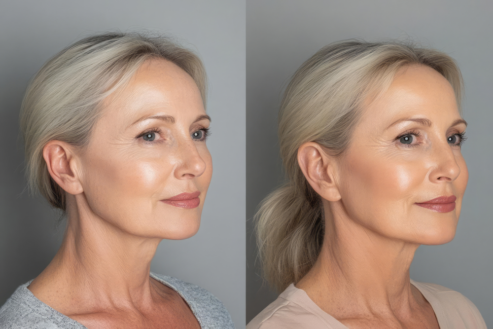 Before and after comparison of a woman’s face after dermal filler treatment.