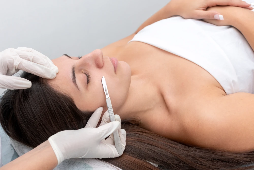 Aesthetician performing dermaplaning with a scalpel.