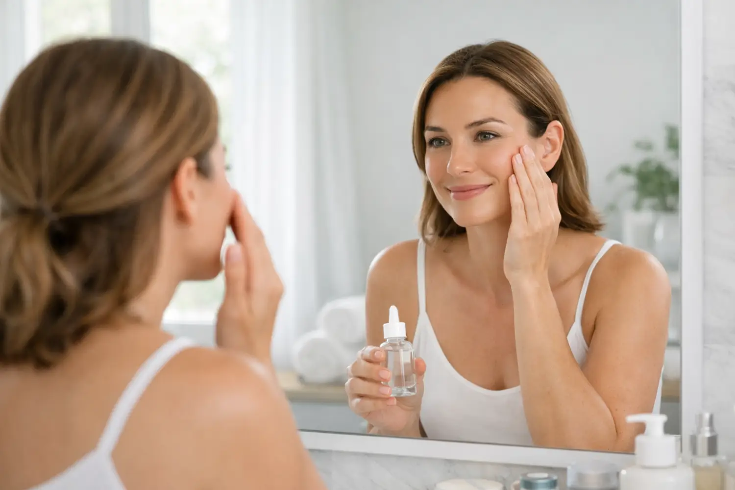 woman applying facial serum while looking in mirror in bright bathroom
